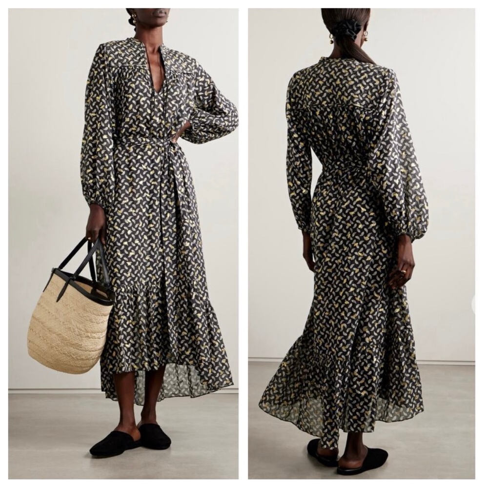 Doen Ivana Belted Printed Midi Dress Wrap High-Low Prairie Boho Cottagecote